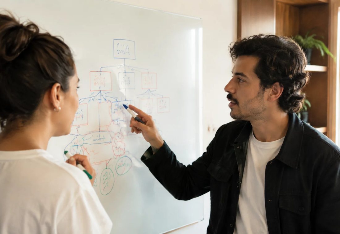 Dupla desenhando no quadro branco a estrutura de uma tese